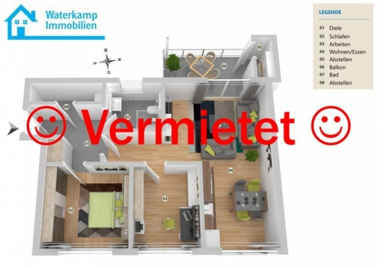 Grundriss 3-D Greven Etagenwohnung Lichtdurchflutete Wohnung mit Balkon im 3. OG mit tollem Ausblick im Zentrum von Greven