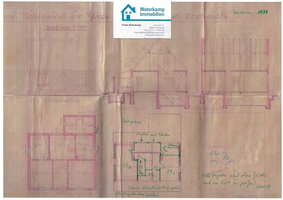 1937 Zeichnung, Grundriss DG ge�ndert in gr�n Stand 2019 (2) Einfamilienhaus Nordwalde