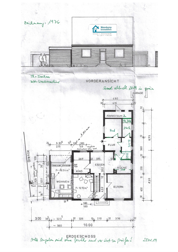 1976 Zeichnung Anbau, Grundriss EG ge�ndert in gr�n Stand 2019 Einfamilienhaus Nordwalde