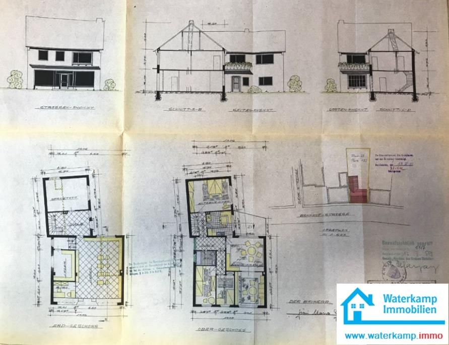 1959 Haus 1, EG, OG, Schnitt + Ansicht geschnitten Mehrfamilienhaus Nordwalde