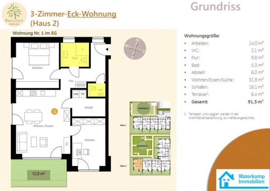 Grundriss Paulushof Whg 1, im EG, Haus 2 Erdgeschosswohnung M�nster-Mecklenbeck